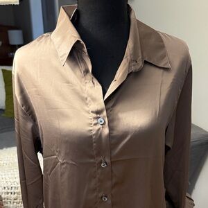 Jon & Anna Satin Button Down Blouse Chocolate Brown Silky Shirt Size M NWT